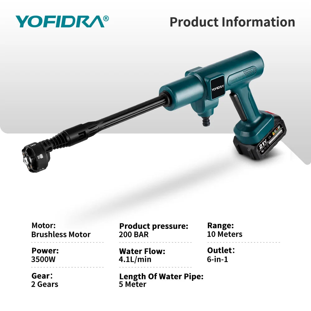 YOFIDRA Brushless 200Bar Car Washer Electric High Pressure Washer Water Gun 6IN1 Cordless Cleaning Garden For Makita Battery Pin
