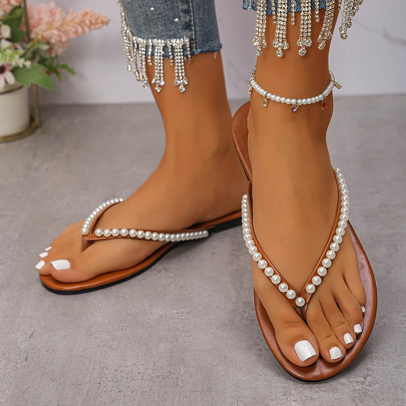 Fashion Pearls Beach Flip Flops for Women 2025 Summer Clip Toe Flat Slides Sandals Woman Comfortable Non Slip Outdoor Slippers