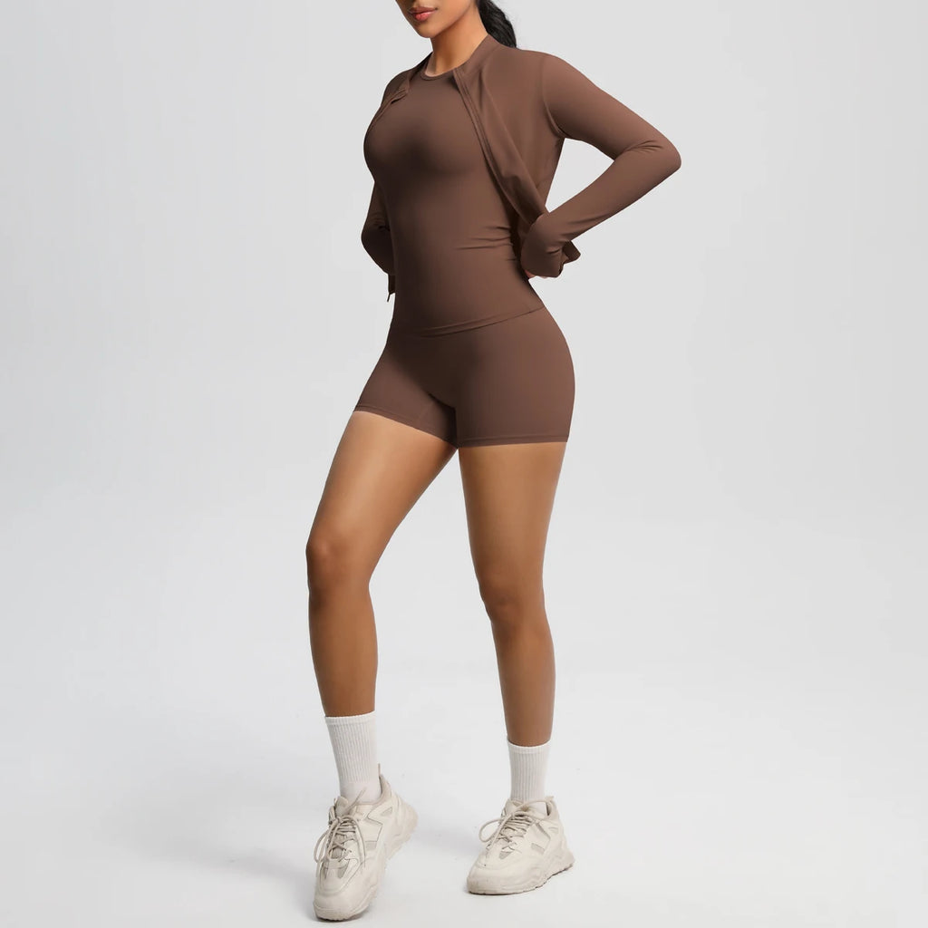 3PCS/set Sports Fitness Clothing Yoga Set Sports Running Long Sleeves Zipper Jacket High Waist Quick-Dry Shorts Gym Yoga Set