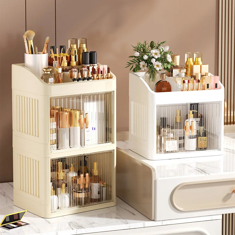 3 to 4-Tier Foldable Makeup Organizer with Drawer Function— Provides Spacious Storage for Cosmetics, Jewelry, Perfume, Lipstick, Makeup Brushes, Stationery, and Bathroom Supplies— Easy to Assemble, Compact Design Suitable