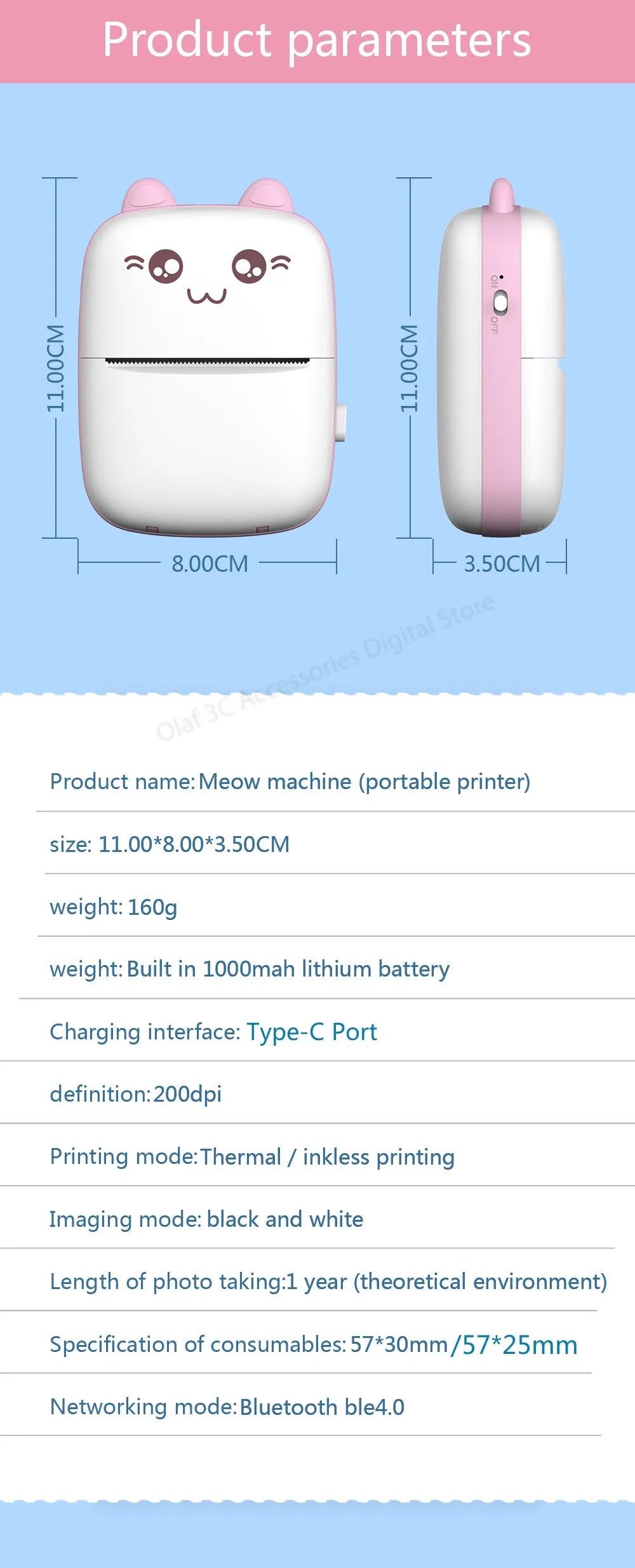 Meow Mini Label Printer Thermal Portable Printers Stickers Paper Inkless Wireless Impresora Portátil 200dpi Android IOS 57mm