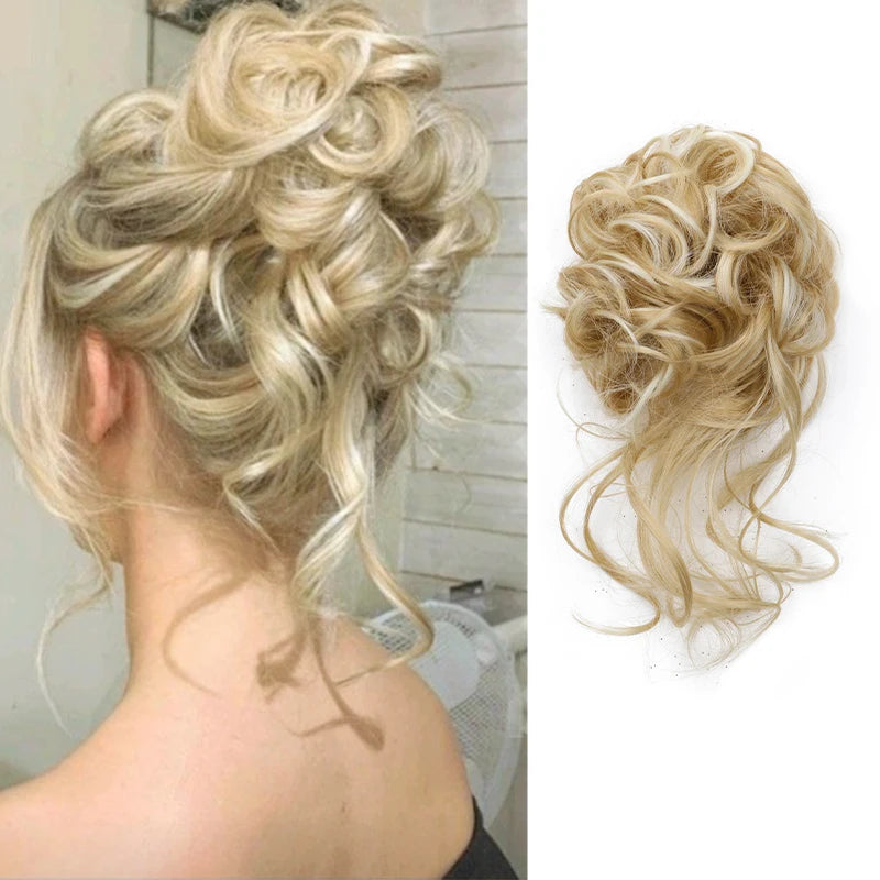 Synthetic Elegant Messy Curly Elastic Rubber Band Hair Bun Fluffy Easy to Style Suitable for Daily Use\'\[]\