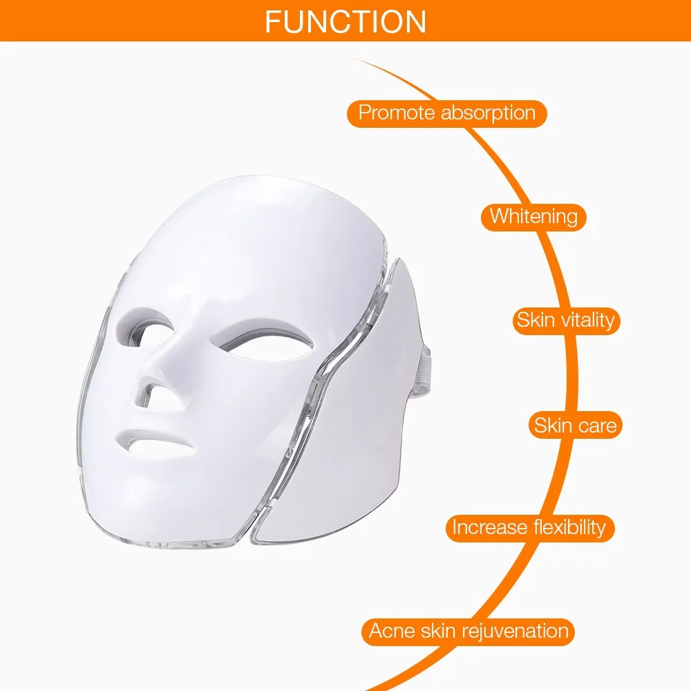LED Facial Mask with Neck 7 Colors Light Therapy Red Light Facial Mask for Anti-Aging Photon Therapy Whitening Tightening