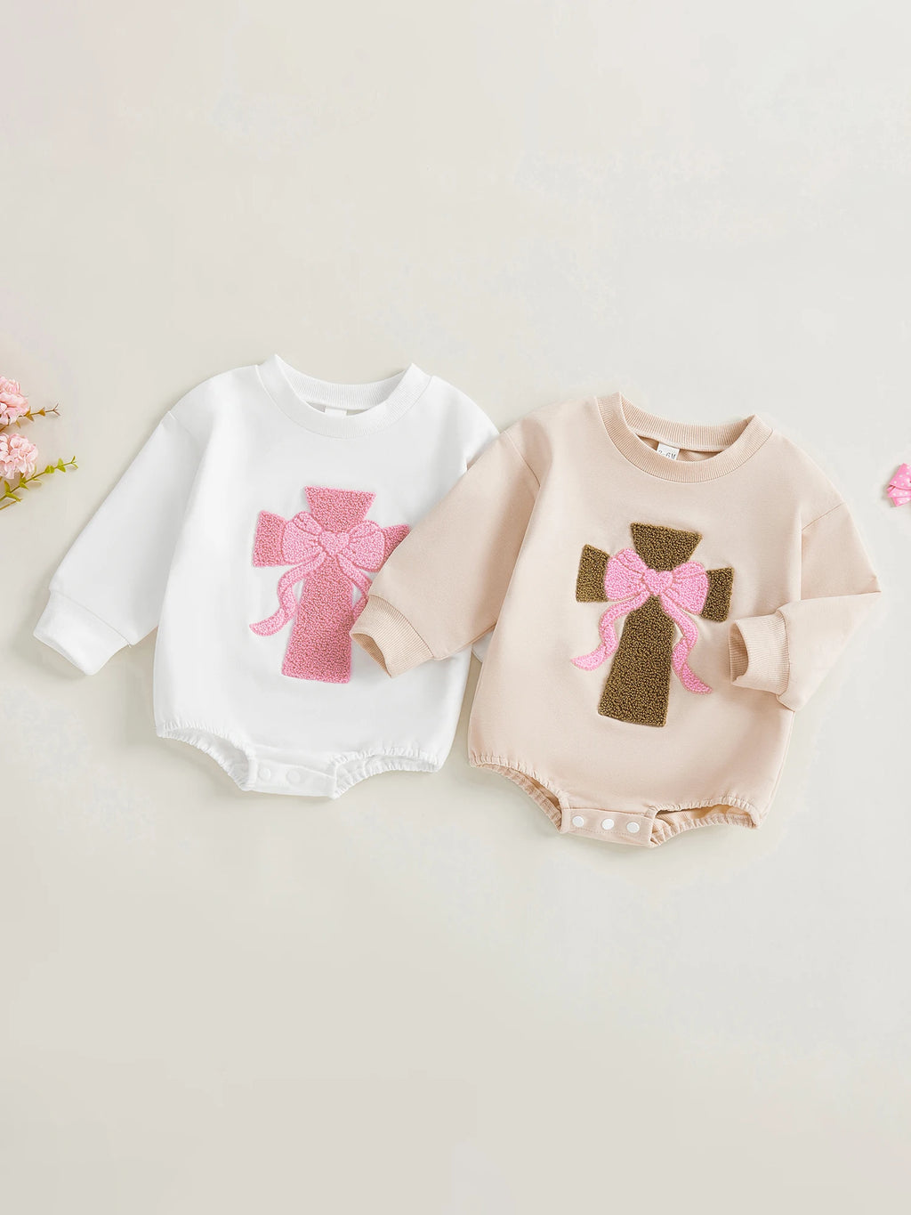 Infant Girl Fall Sweater Jumpsuit with Long Sleeves and O Neckline Adorned with Bow and Cross Embroidery
