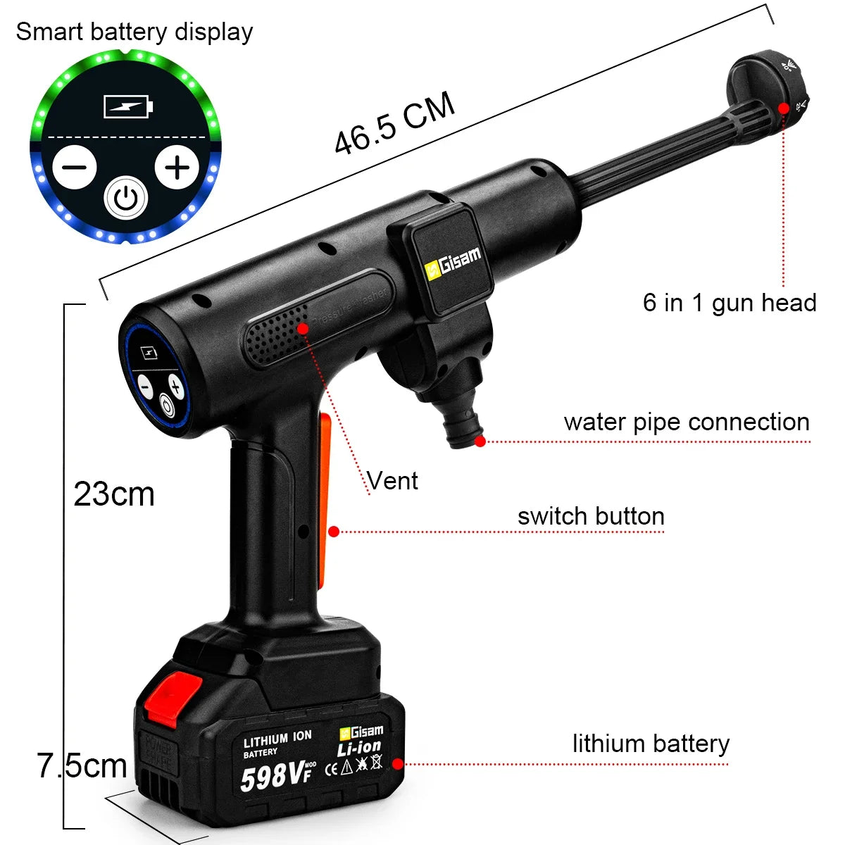 Gisam 200Bar Brushless Electric High Pressure Washer 6IN1 Car Wash Water Gun Garden Spray Gun Power Tool for Makita 18V Battery