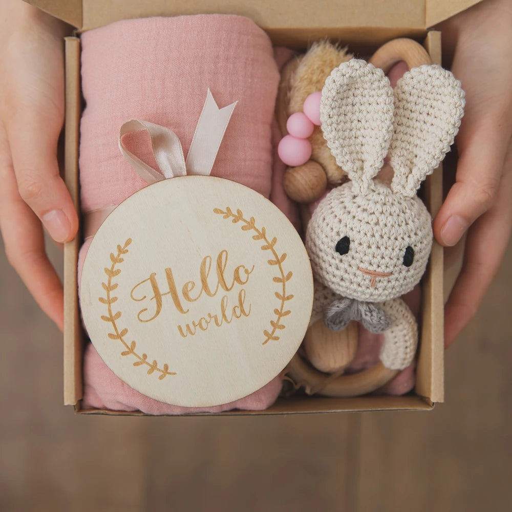 Double-sided Cotton Bath Towel Baby Bath Set Gift Box Wooden Wool Brush, Cartoon Rabbit Crochet Bell Baby Milestone Photo Props