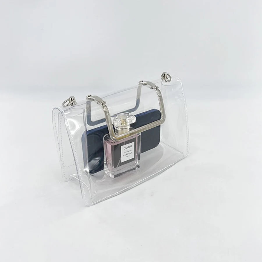Summer jelly transparent pvc bag clear metal handle small square bag waterproof design chains flap shoulder crossbody bag beach