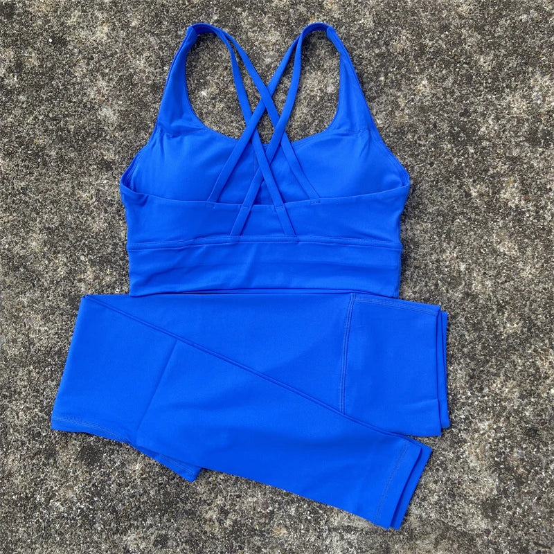 Yoga Set Gym Sports Set 2 Piece Women Workout Outfit Fitness Suit Cross Straps Bra Top And High Waist Leggings Running Tracksuit