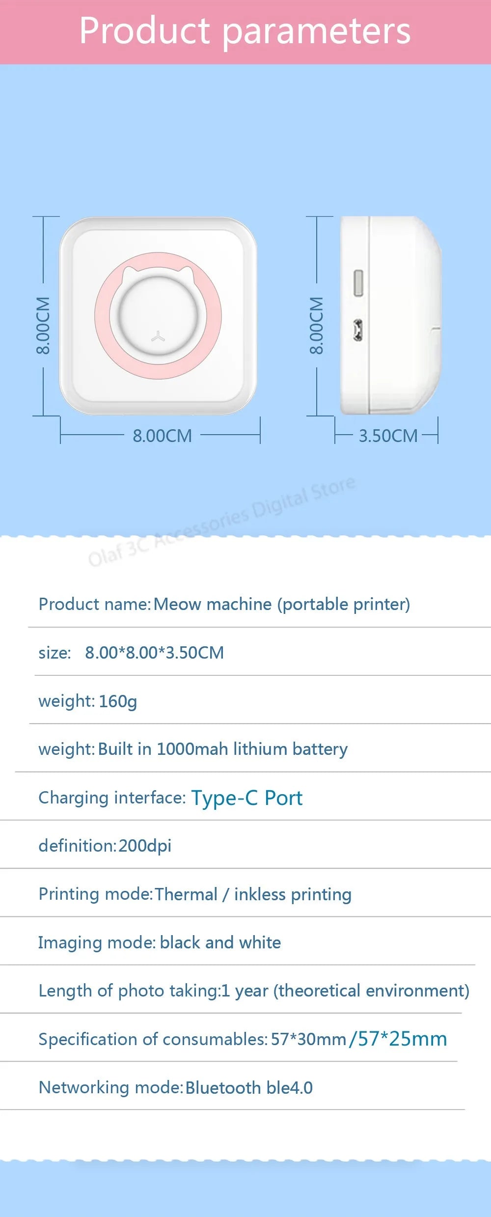 Meow Mini Label Printer Thermal Portable Printers Stickers Paper Inkless Wireless Impresora Portátil 200dpi Android IOS 57mm