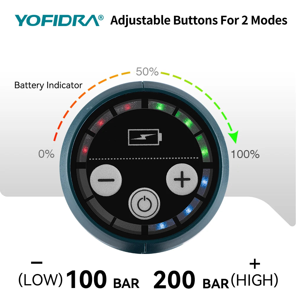 YOFIDRA Brushless 200Bar Car Washer Electric High Pressure Washer Water Gun 6IN1 Cordless Cleaning Garden For Makita Battery Pin