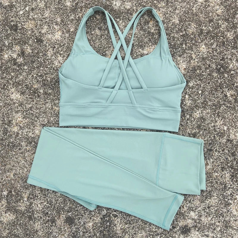 Yoga Set Gym Sports Set 2 Piece Women Workout Outfit Fitness Suit Cross Straps Bra Top And High Waist Leggings Running Tracksuit