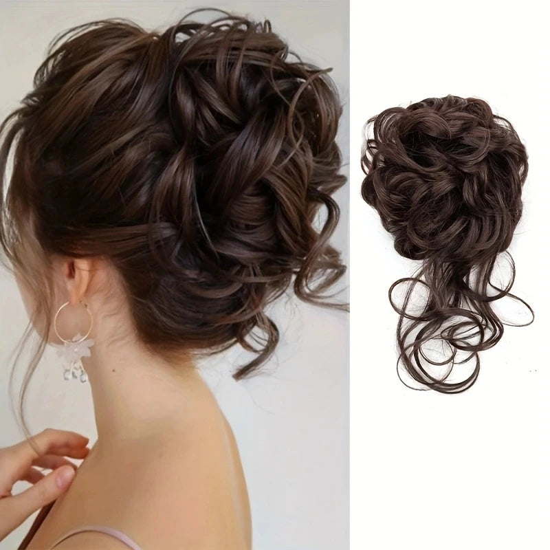 Synthetic Elegant Messy Curly Elastic Rubber Band Hair Bun Fluffy Easy to Style Suitable for Daily Use\'\[]\