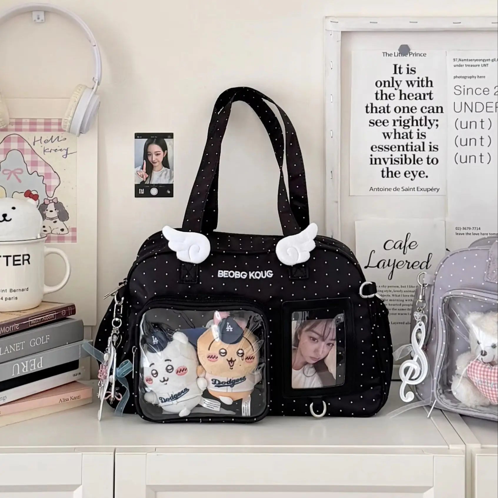 Japanese-Style INS Minimalist Solid-Color Fashion Shoulder Bag, Polka-Dot Wing-Decorated Cute Ita Bag (Shoulder & Crossbody)