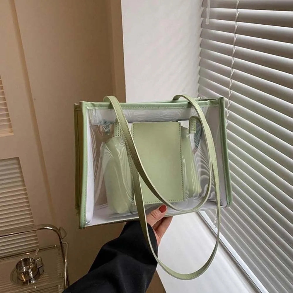 2pcs/set Elegant Transparent Jelly Bag Large Capacity Candy Color PVC Composite Tote Bags Storage Pouch PU Leather Handbag Women