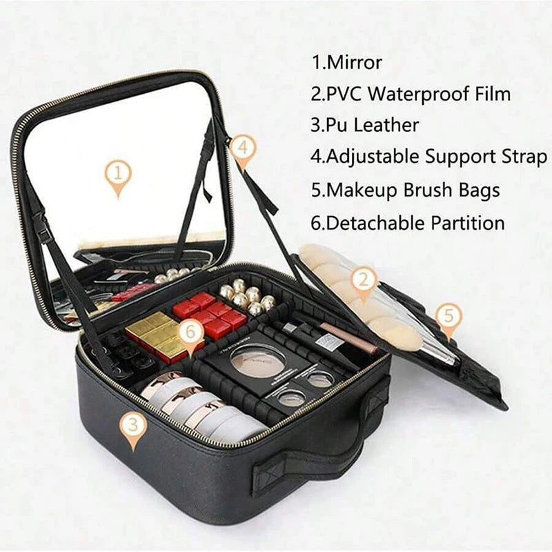 Smart 3 Color LED Travel Train Cosmetic Case Light And Mirror Makeup Bag Female Beautician Skincare Makeup Case For Women
