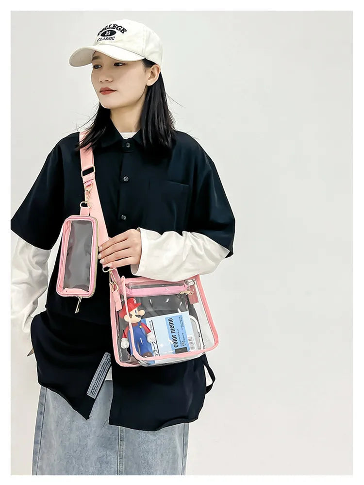 PVC Transparent Shoulder Bag 2 IN 1 Adjustable Shoulder Straps Casual Clear Crossbody Bag Fashion Couple Bag for Boys & Girls