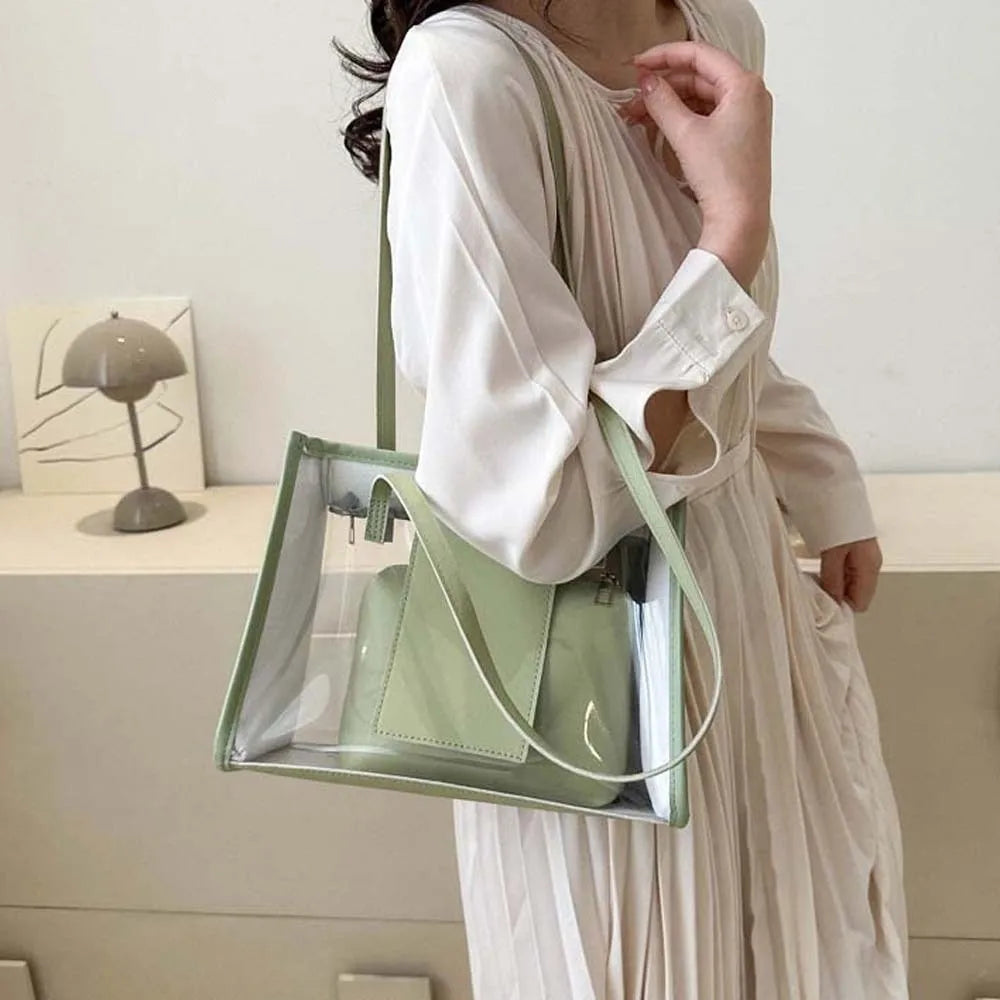 2pcs/set Elegant Transparent Jelly Bag Large Capacity Candy Color PVC Composite Tote Bags Storage Pouch PU Leather Handbag Women