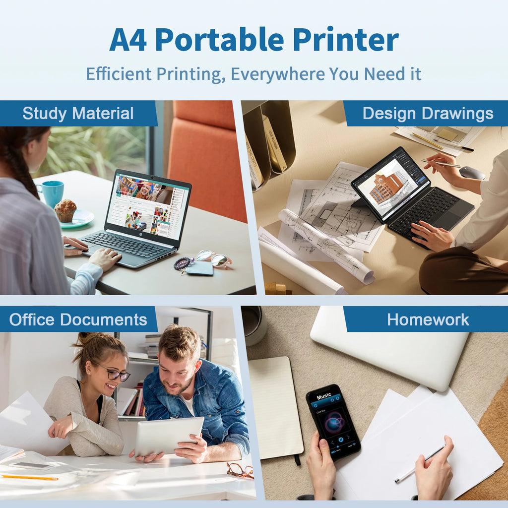 Portable Printer Wireless Inkless Thermal Printer A4 Bluetooth C80 300DPI Mobile Support Android iOS for Office Work Home School