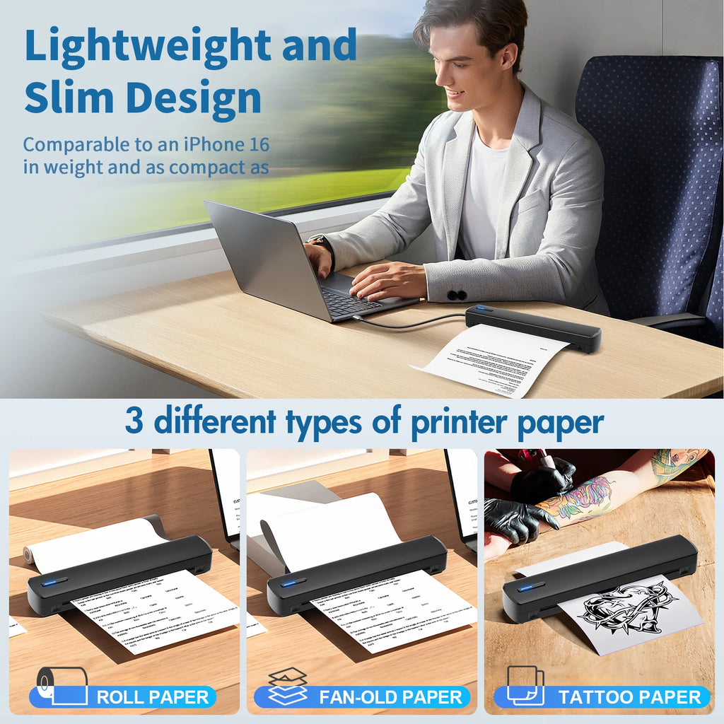 Portable Printer Wireless Inkless Thermal Printer A4 Bluetooth C80 300DPI Mobile Support Android iOS for Office Work Home School