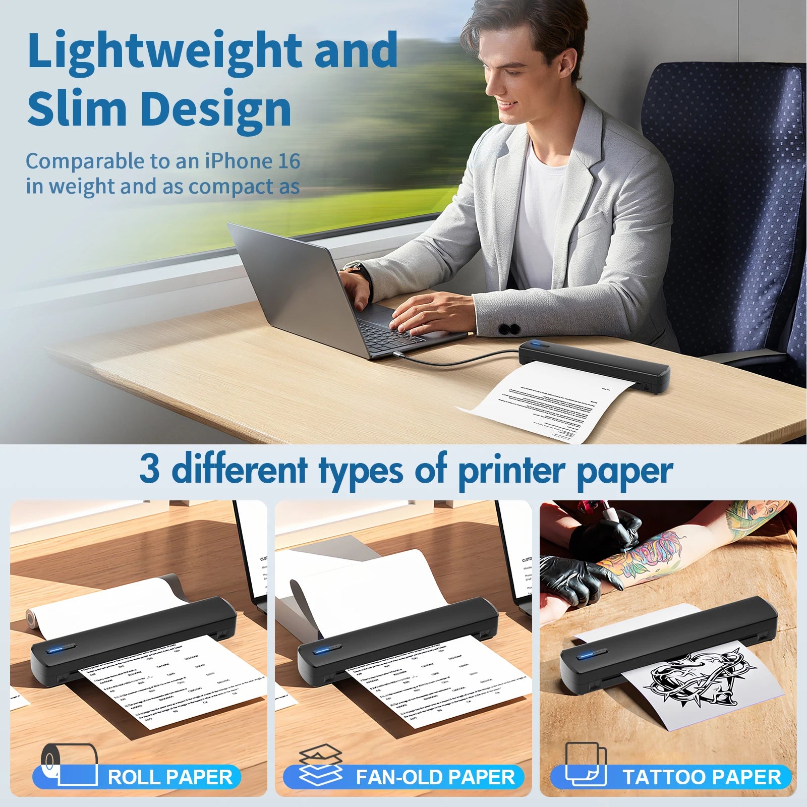 Portable Printer Wireless Inkless Thermal Printer A4 Bluetooth C80 300DPI Mobile Support Android iOS for Office Work Home School