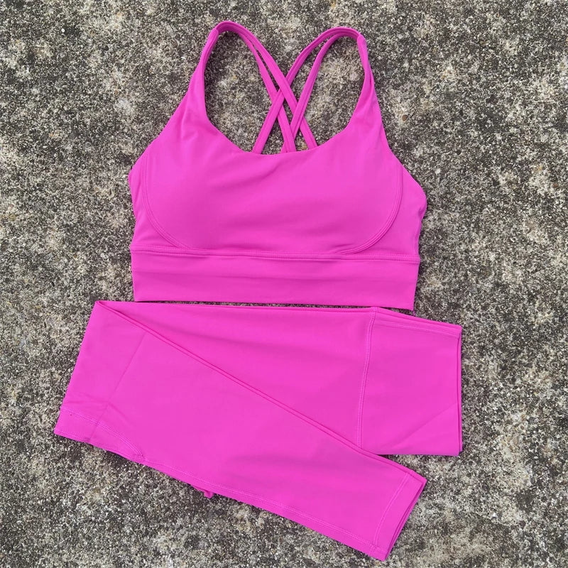 Yoga Set Gym Sports Set 2 Piece Women Workout Outfit Fitness Suit Cross Straps Bra Top And High Waist Leggings Running Tracksuit