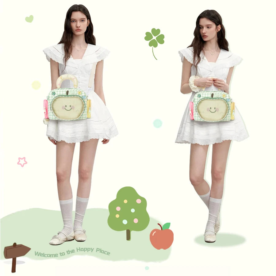 Kabaqoo Cute Apple Ita Bag For Women Y2K Versatile Crossbody Bag PU Leather Shoulder Bag Handbag with Mesh Insert Pad Sweet Handbag Backpack