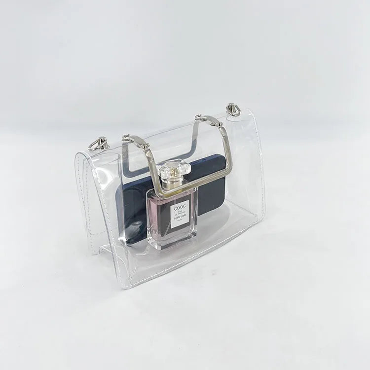 Summer jelly transparent pvc bag clear metal handle small square bag waterproof design chains flap shoulder crossbody bag beach