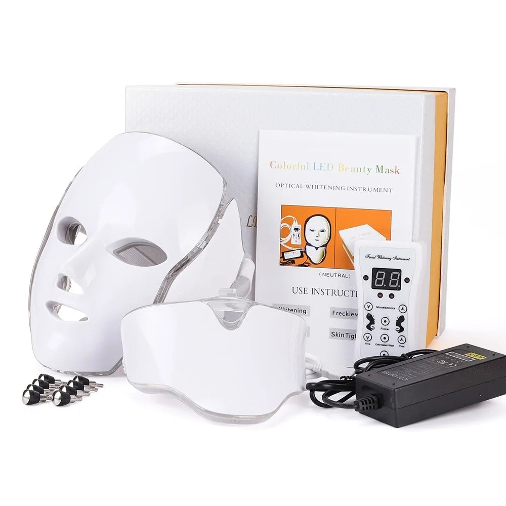 LED Facial Mask with Neck 7 Colors Light Therapy Red Light Facial Mask for Anti-Aging Photon Therapy Whitening Tightening