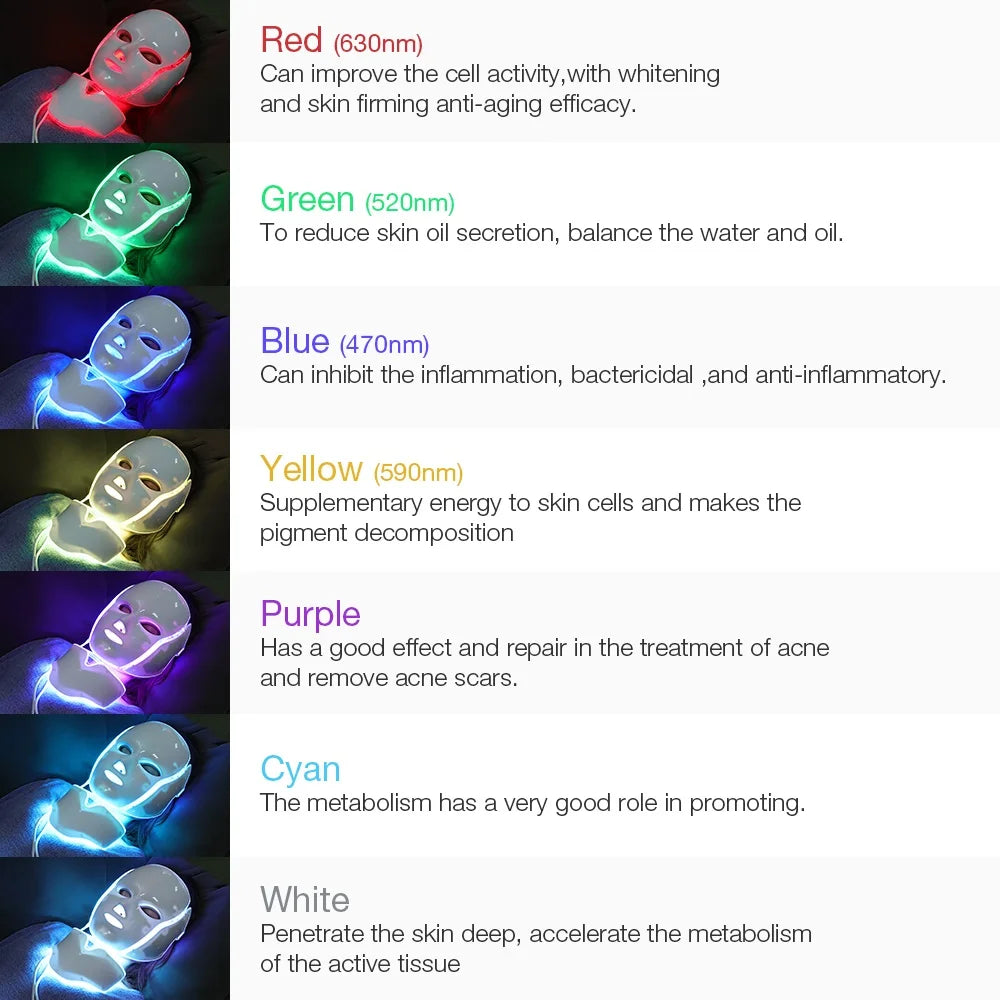 LED Facial Mask with Neck 7 Colors Light Therapy Red Light Facial Mask for Anti-Aging Photon Therapy Whitening Tightening