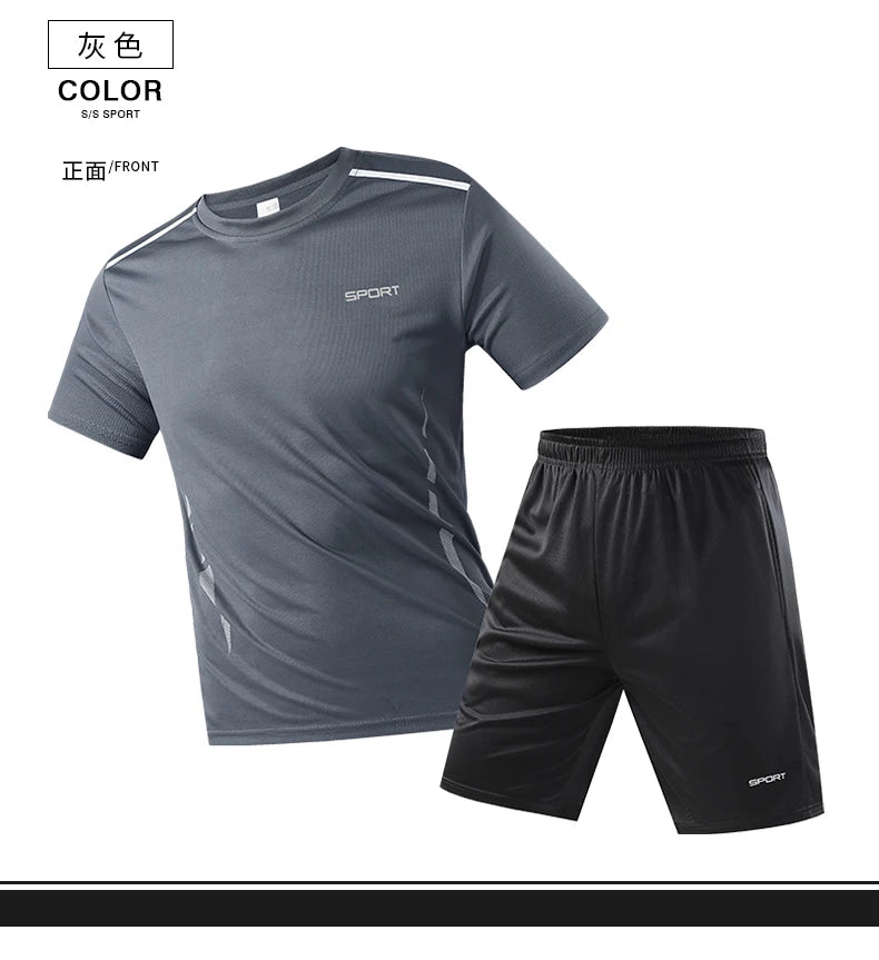 Mens Fitness Tracksuit Set Summer Casual Sporting Male Quick-Drying Short-Sleeved Tops+Shorts Sweatsuit 2 Piece Set Track Suit