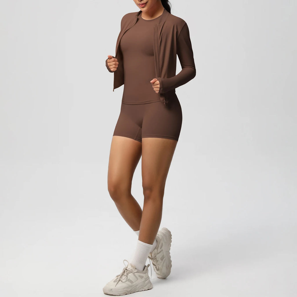 3PCS/set Sports Fitness Clothing Yoga Set Sports Running Long Sleeves Zipper Jacket High Waist Quick-Dry Shorts Gym Yoga Set
