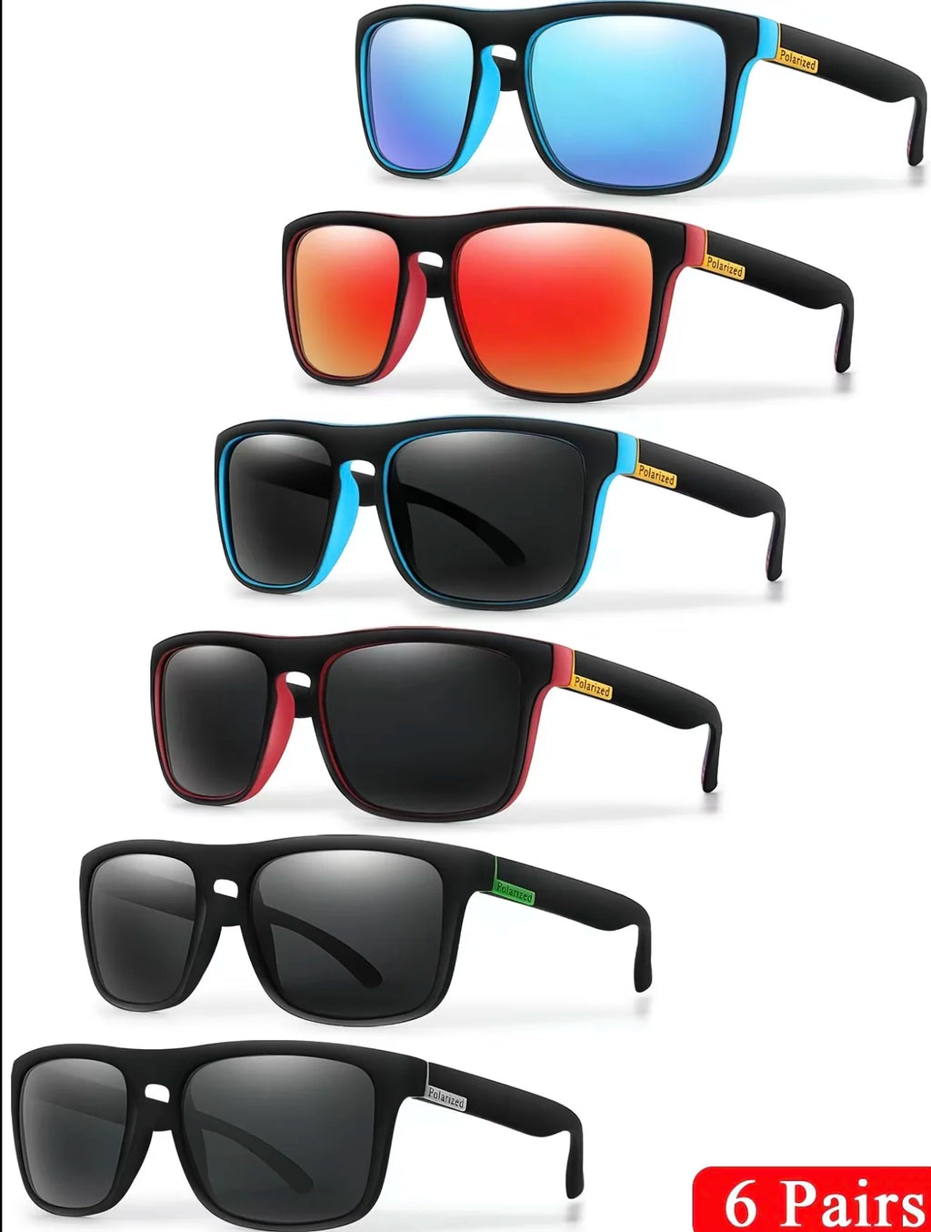 6-Pack of Classic Square Fashion Sunglasses, Suitable for Both Men and Women, Ideal for Travel, Fishing, Cycling, Summer, Beach, and Outdoor Vacations