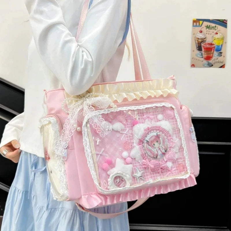 Y2K Sweet Ita Bag for Women Transparent Crossbody Shoulder Bag Large Capacity Lace Tote Bag Cute DIY Display Handbag