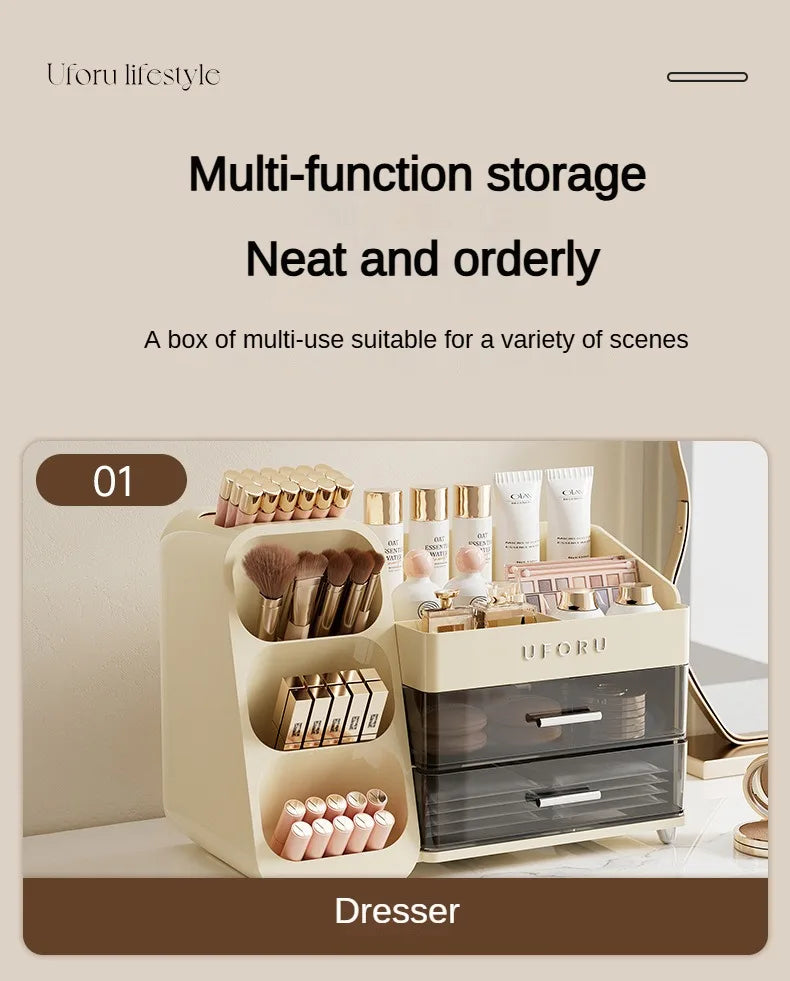2 Drawers Makeup Organizer with Brush Holder Spacious Vanity Countertop Case for Skincare Perfumes Eyeshadow Palettes