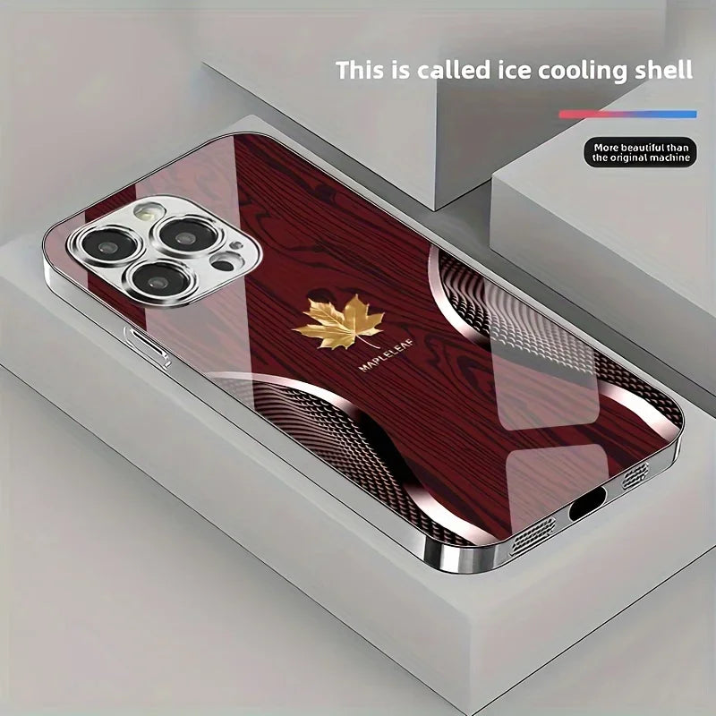 High-end business style curved gold maple wood grain glass phone case for iPhone17 16 15 14 13 12 11Promax Plus