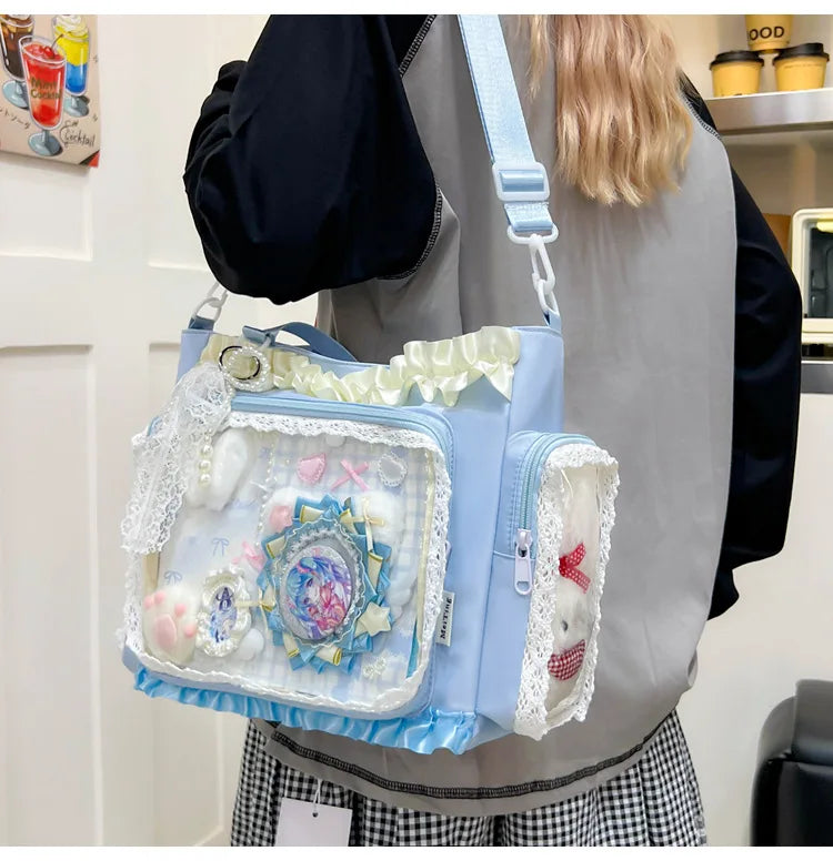 Y2K Sweet Ita Bag for Women Transparent Crossbody Shoulder Bag Large Capacity Lace Tote Bag Cute DIY Display Handbag