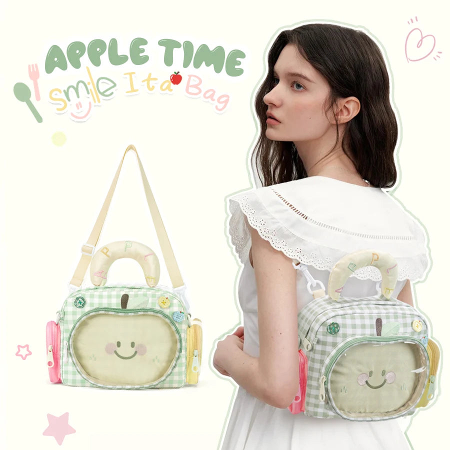 Kabaqoo Cute Apple Ita Bag For Women Y2K Versatile Crossbody Bag PU Leather Shoulder Bag Handbag with Mesh Insert Pad Sweet Handbag Backpack