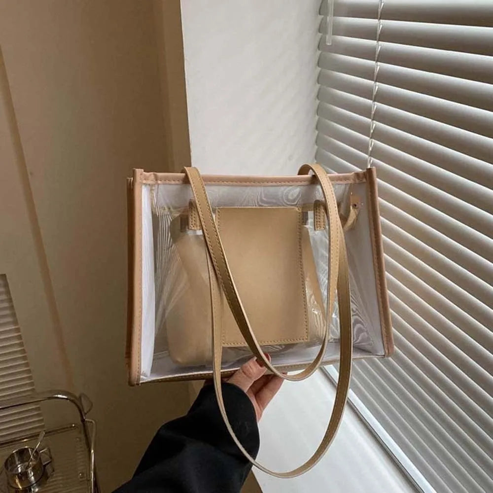 2pcs/set Elegant Transparent Jelly Bag Large Capacity Candy Color PVC Composite Tote Bags Storage Pouch PU Leather Handbag Women
