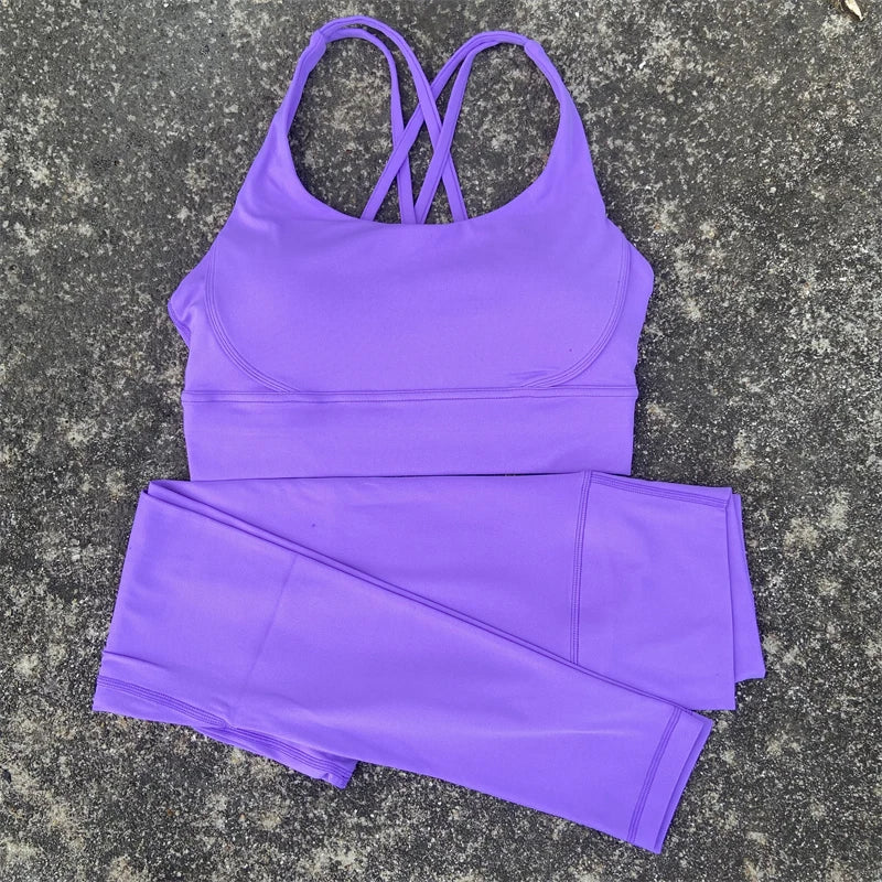 Yoga Set Gym Sports Set 2 Piece Women Workout Outfit Fitness Suit Cross Straps Bra Top And High Waist Leggings Running Tracksuit