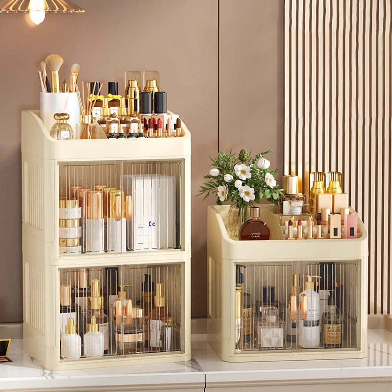 3 to 4-Tier Foldable Makeup Organizer with Drawer Function— Provides Spacious Storage for Cosmetics, Jewelry, Perfume, Lipstick, Makeup Brushes, Stationery, and Bathroom Supplies— Easy to Assemble, Compact Design Suitable