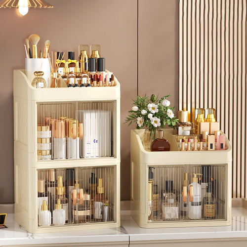 3 to 4-Tier Foldable Makeup Organizer with Drawer Function— Provides Spacious Storage for Cosmetics, Jewelry, Perfume, Lipstick, Makeup Brushes, Stationery, and Bathroom Supplies— Easy to Assemble, Compact Design Suitable