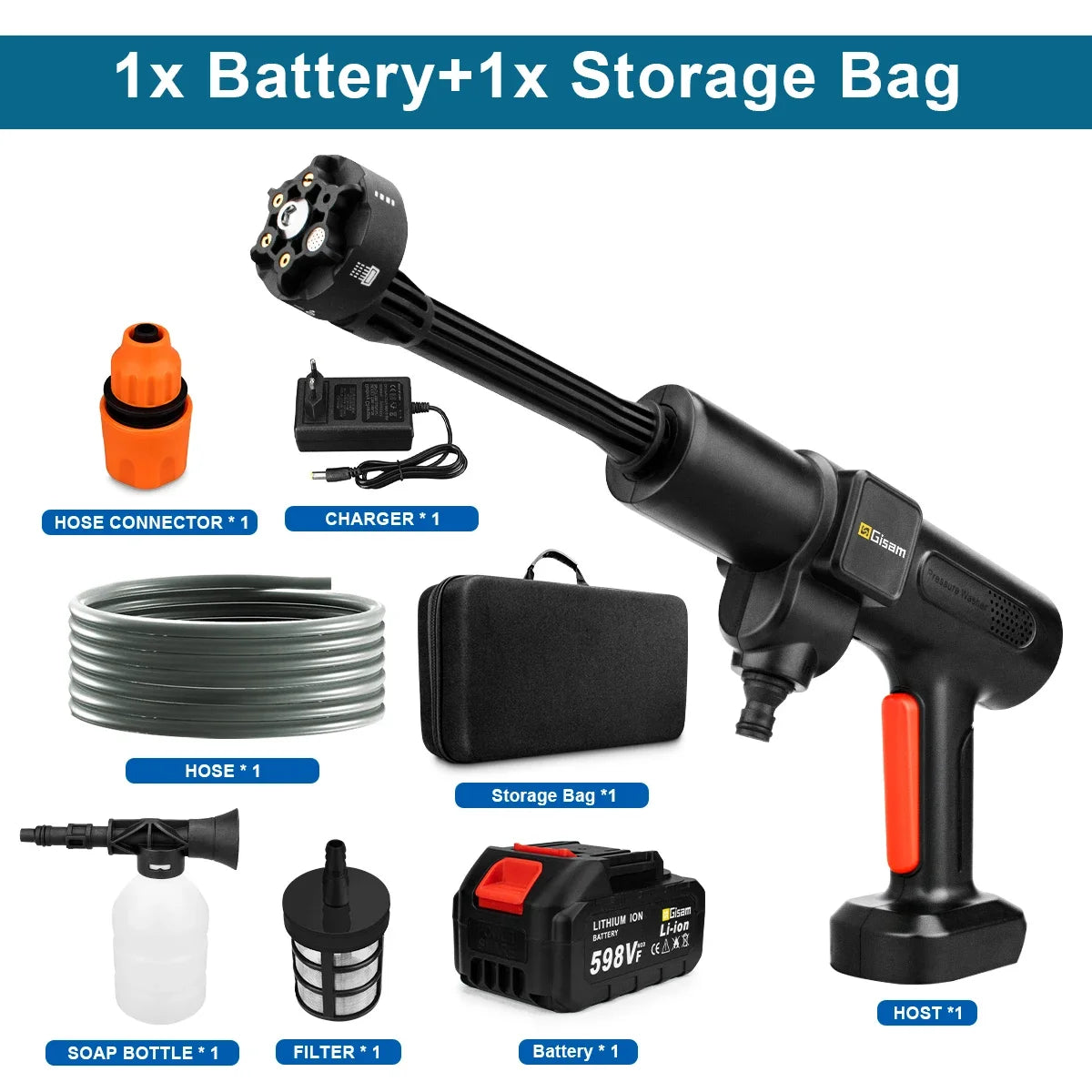 Gisam 200Bar Brushless Electric High Pressure Washer 6IN1 Car Wash Water Gun Garden Spray Gun Power Tool for Makita 18V Battery