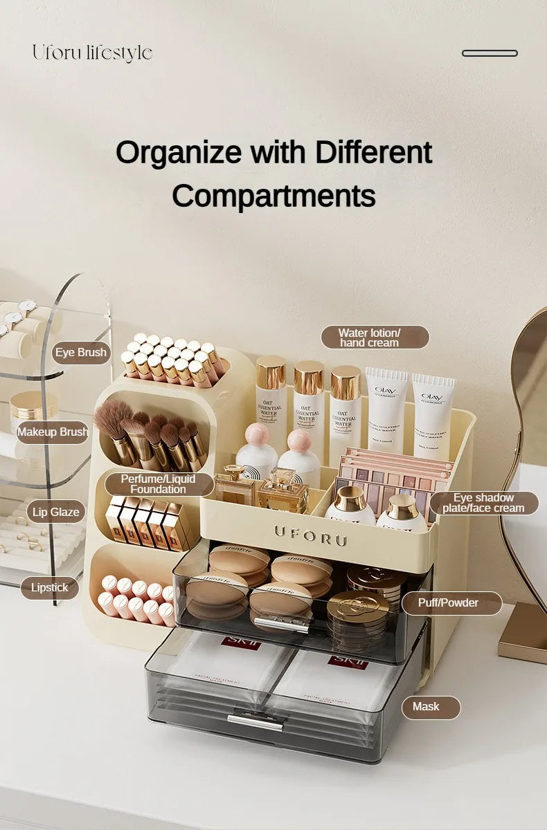 2 Drawers Makeup Organizer with Brush Holder Spacious Vanity Countertop Case for Skincare Perfumes Eyeshadow Palettes