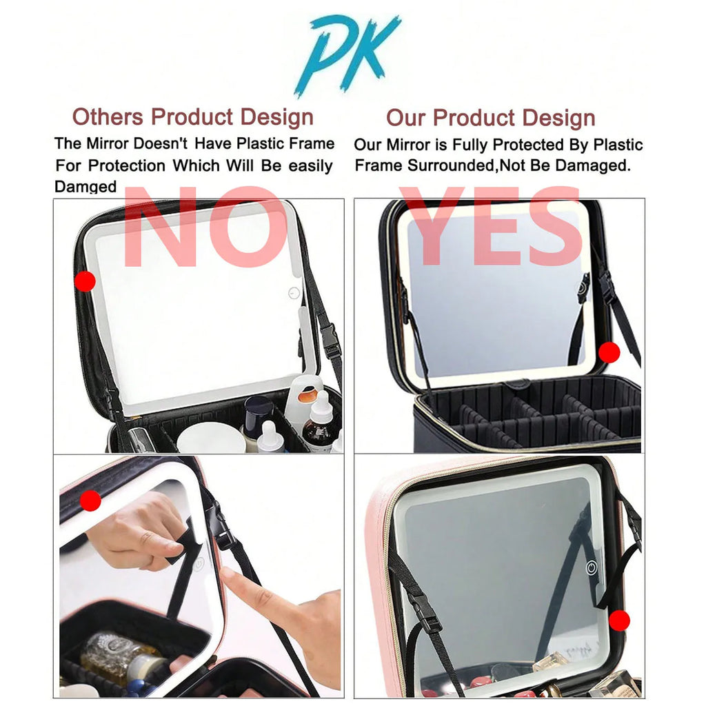 Smart 3 Color LED Travel Train Cosmetic Case Light And Mirror Makeup Bag Female Beautician Skincare Makeup Case For Women