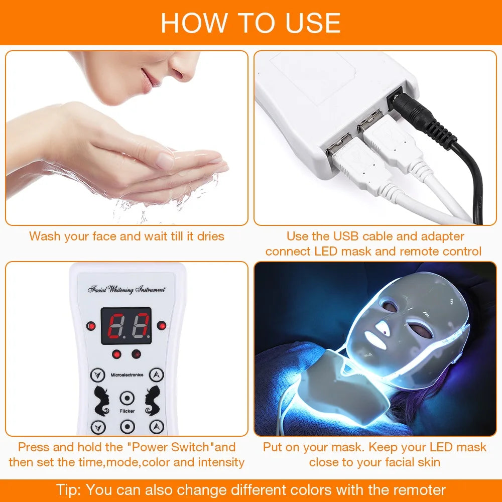 LED Facial Mask with Neck 7 Colors Light Therapy Red Light Facial Mask for Anti-Aging Photon Therapy Whitening Tightening