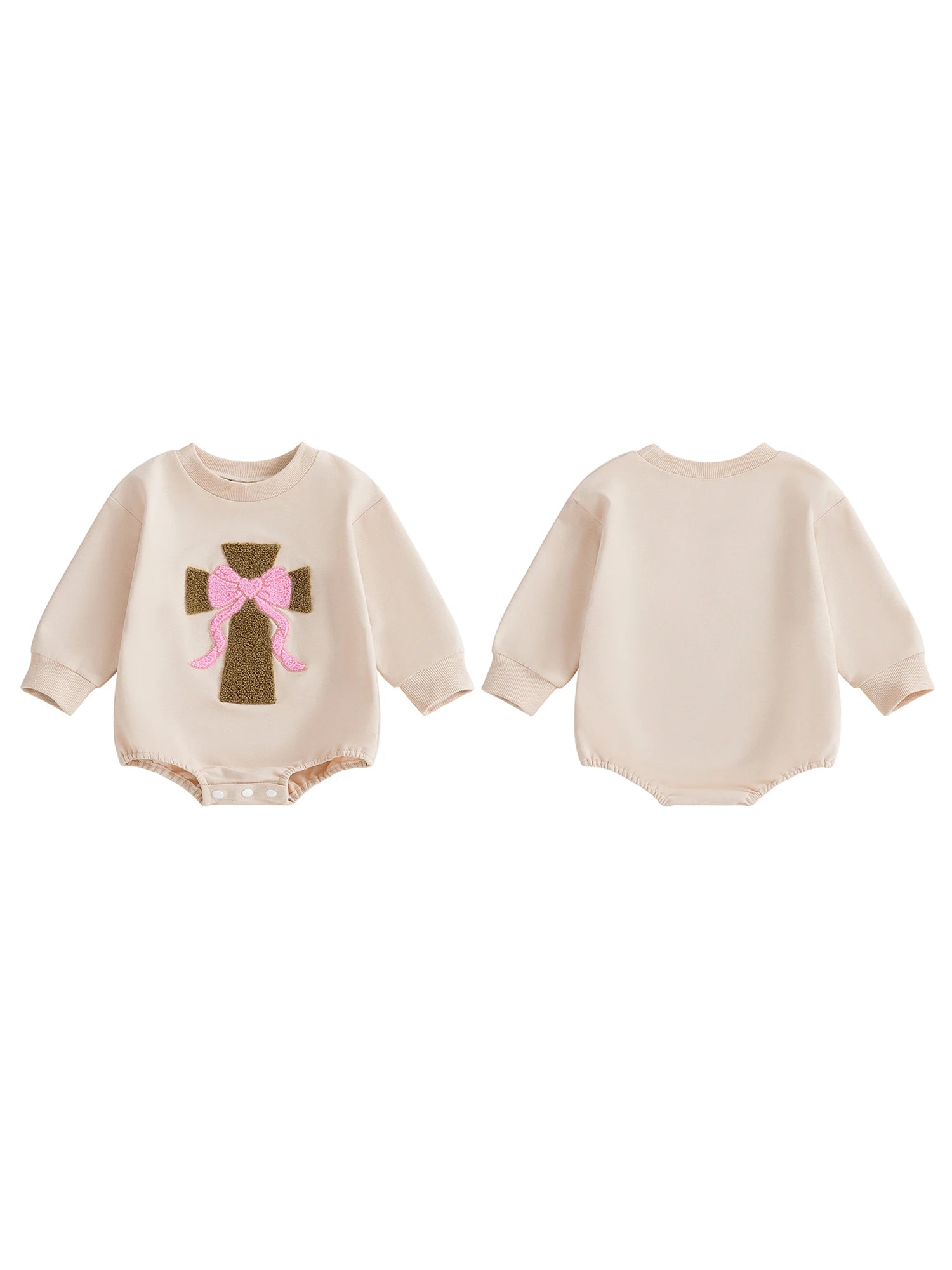 Infant Girl Fall Sweater Jumpsuit with Long Sleeves and O Neckline Adorned with Bow and Cross Embroidery