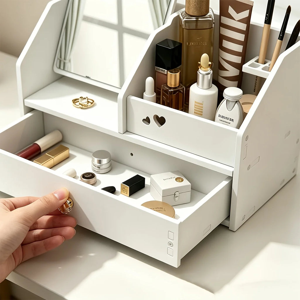White Makeup Organizer with Mirror & Drawer, Multi-Compartment Cosmetic Storage for Vanity
