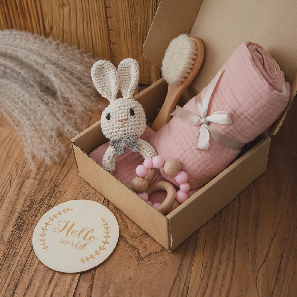Double-sided Cotton Bath Towel Baby Bath Set Gift Box Wooden Wool Brush, Cartoon Rabbit Crochet Bell Baby Milestone Photo Props