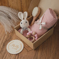 Double-sided Cotton Bath Towel Baby Bath Set Gift Box Wooden Wool Brush, Cartoon Rabbit Crochet Bell Baby Milestone Photo Props