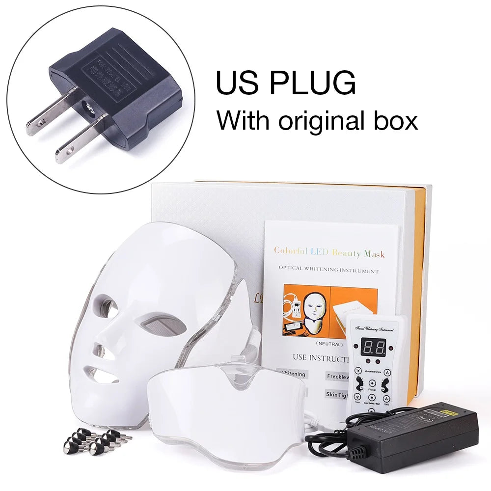 LED Facial Mask with Neck 7 Colors Light Therapy Red Light Facial Mask for Anti-Aging Photon Therapy Whitening Tightening